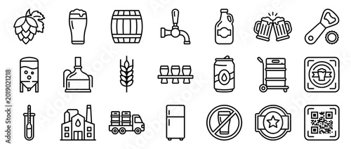 Large set of beer brewing icons showing various elements like hops, barrels, glasses, and brewery equipment in a clean, minimalist black and white line art vector style