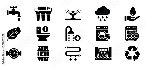 Collection of black solid icons for water management, conservation, and ecology, featuring symbols for purification, plumbing, household use, and recycling