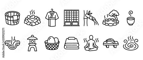 Set of black line icons representing Japanese onsen culture with symbols for hot springs, relaxation, yukata robe, and traditional spa elements in a minimalist vector style