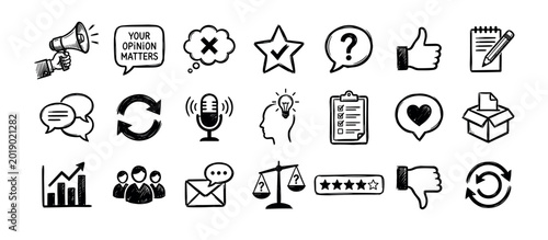 Slika na platnu Collection of black hand-drawn doodle icons representing customer feedback, surv