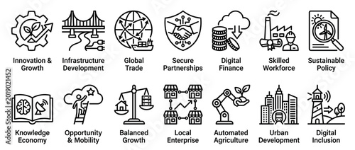 Foto Set of fourteen economic development line icons representing concepts like innov