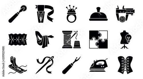 Foto Black glyph icons set for sewing and tailoring featuring various tools like a se