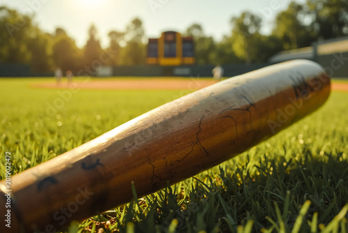 A close-up of a wooden baseball bat lies on green sport field