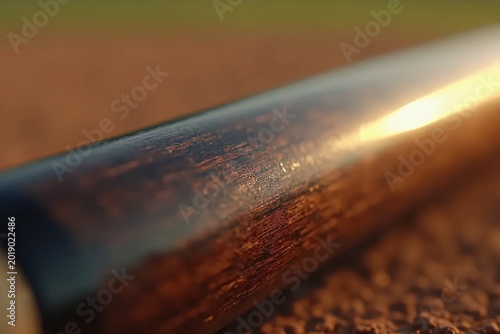 A close-up detail of a wooden varnished baseball bat. Sport background with limited depth of field.