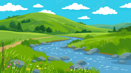 Cartoon landscape, green hills, blue river, sunny scenery, vector illustration