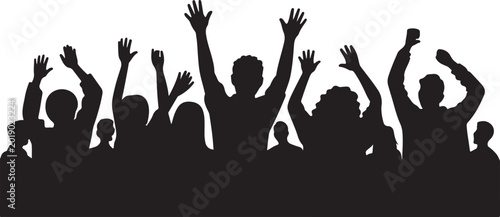 Silhouette of a crowd of people cheering with arms raised, celebrating at a concert, festival, or sporting event, vector illustration