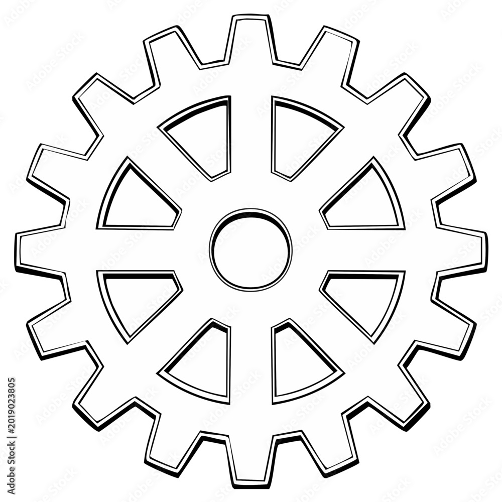 Obraz premium Monochrome vector cogwheel drawing with spokes and gear teeth for engineering, mechanical, or technology illustration