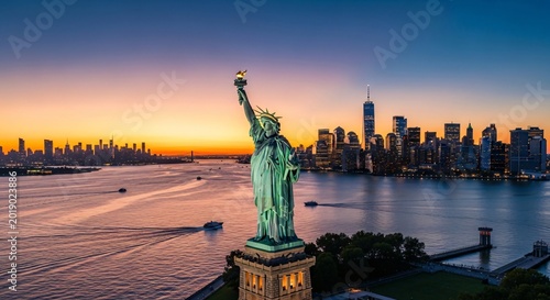Statue of Liberty at sunset over New York City harbor, patriotic American landmark with Manhattan skyline, One World Trade Center, freedom and democracy symbol for Memorial Day.