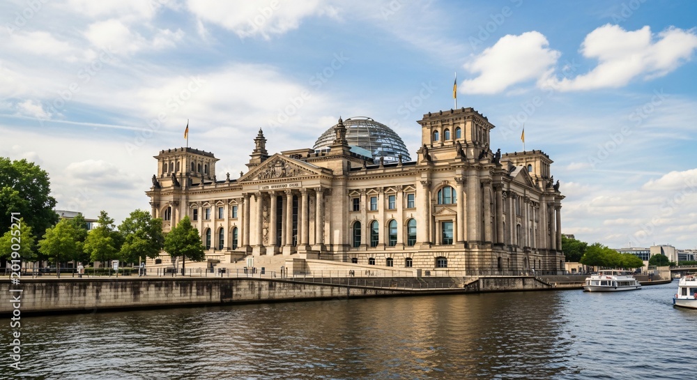 Fototapeta premium Reichstag building in Berlin, seat of German Parliament with iconic glass dome over Spree river, symbol of democracy, unification, and national history, architectural landmark.