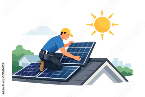Man installing solar panels on a rooftop under a bright sun solar panel installation