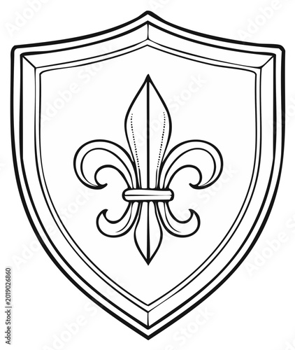 Shield with Fleur-de-lis emblem, heraldic symbol in black and white.