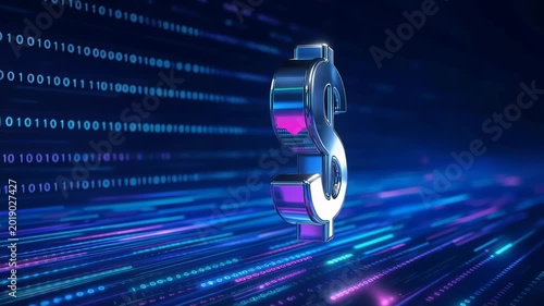 Shiny metallic dollar sign hovering over neon-lit digital data streams and binary code, representing digital finance, virtual currency, fintech and futuristic economic systems