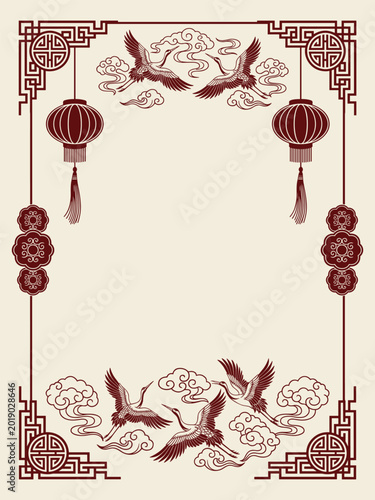 Asian decorative frame with cranes and lanterns vector illustration high-quality professional detailed modern elegant stylish