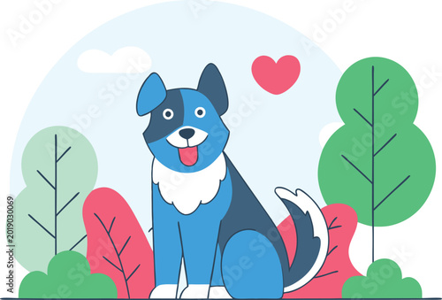 Schilderij op canvas Cheerful Canine in a Scenic Park: A whimsical illustration depicts a happy dog in a vibrant park setting, radiating warmth and friendliness