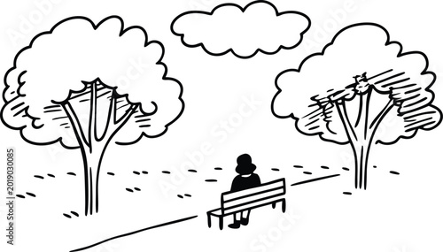 Fotografija Solitude Under the canopy: Amidst the embrace of nature's artistry, a solitary figure finds solace on a bench, beneath the graceful canopy of trees and a drifting cloud