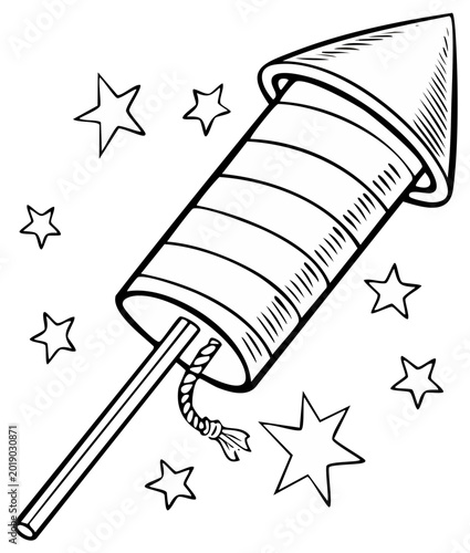Firework rocket with stars hand drawn black and white illustration for coloring book page