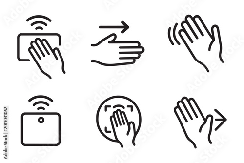 Six black line depicting hand gestures and technology interactions swipe