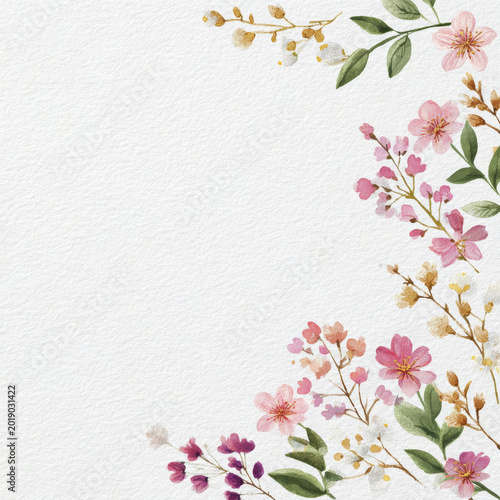 Watercolor illustration of pink flowers and green leaves on white textured paper background. Floral border frame with botanical elements for wedding invitation design and stationery.