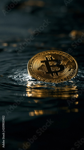 Bitcoin's Ripple Effect: A gleaming golden Bitcoin coin rests atop the water, capturing the essence of digital currency and financial technology. 