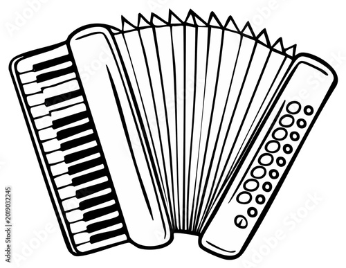 Accordion Illustration. Musical instrument outlined in bold black lines against a white backdrop.