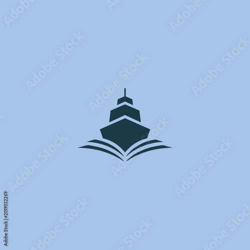 Cruise Ship and Open Book Logo Icon for Maritime Education, Travel Stories, and Nautical Logistics Learning. Flat Vector Style Illustration for Corporate Branding and Educational Design.