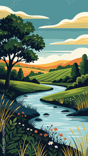 Scenic landscape illustration of a winding river through rolling hills and trees high-quality professional detailed
