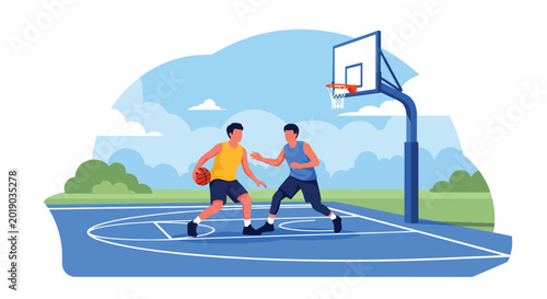 Cuadro en lienzo Modern flat vector illustration of basketball players competing on an outdoor co