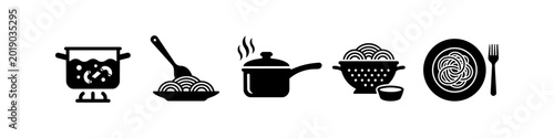 Foto Black silhouette icon set showing the process of cooking pasta, including boiling in a pot, straining in a colander, and serving spaghetti on a plate