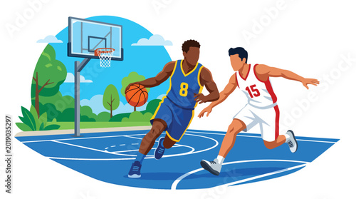 Canvas Print Modern flat vector illustration of basketball players competing on an outdoor co