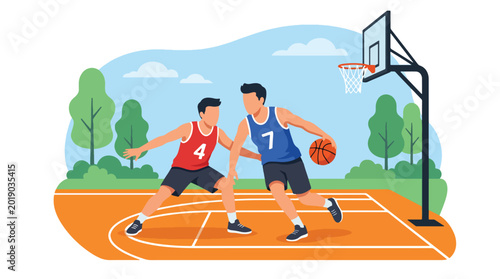 Foto Modern flat vector illustration of basketball players competing on an outdoor co