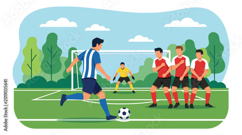 Foto Flat vector illustration of a soccer player taking a free kick against a defensi