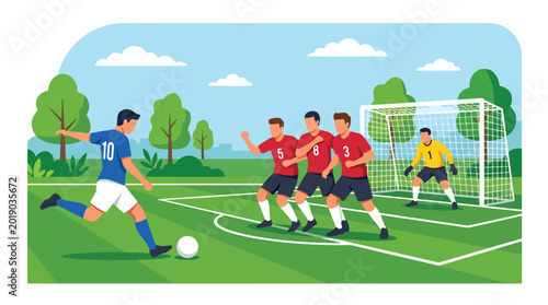Fotografie Flat vector illustration of a soccer player taking a free kick against a defensi