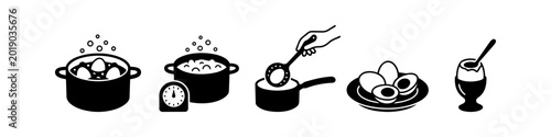 Tableau sur toile Sequence of black and white icons showing steps to boil and serve eggs, from cooking in a pot with a timer to serving in an egg cup