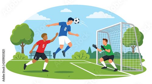 Fotografie Flat vector illustration of a football player heading the ball toward goal durin