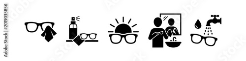 Obraz na płótnie Icon set illustrating eyeglass maintenance and care steps, including cleaning with a cloth, spray, water rinsing, and UV protection, presented in a minimalist black vector style