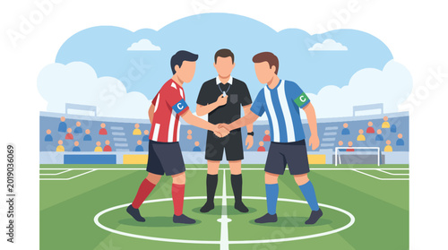 Bild auf Leinwand Flat vector illustration of football team captains shaking hands with referee be