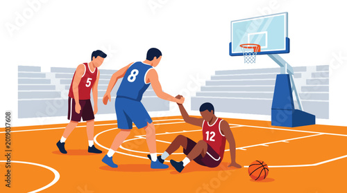 Принти на полотні Flat vector illustration of basketball players helping an opponent up after a ga