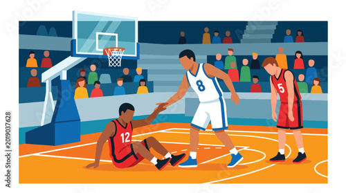 Foto Flat vector illustration of basketball players helping an opponent up after a ga