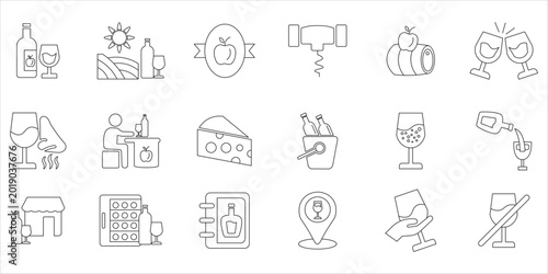 wine icon set bundle. alcohol, glass, bottle, drink, winery, beverage, champagne and more. simple flat line vector