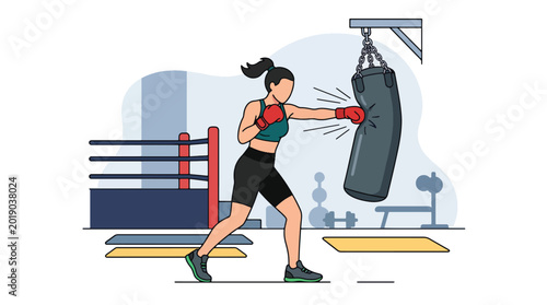 Foto Flat vector illustration of a woman boxer practicing punches on a heavy bag in a
