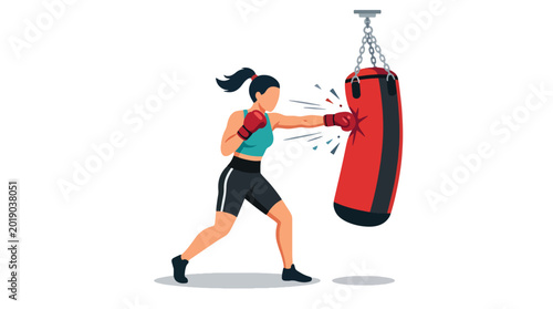 Vászonkép Flat vector illustration of a woman boxer practicing punches on a heavy bag in a