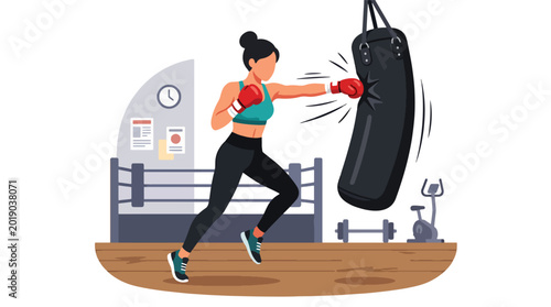 Konstfotografi Flat vector illustration of a woman boxer practicing punches on a heavy bag in a
