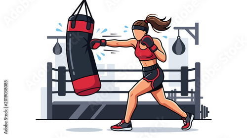Konstfotografi Flat vector illustration of a woman boxer practicing punches on a heavy bag in a