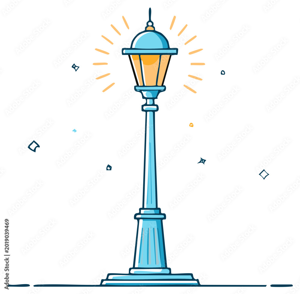 Fototapeta premium Isolated Blue Lamp Post Illustration with Shining Light and Decorative Elements