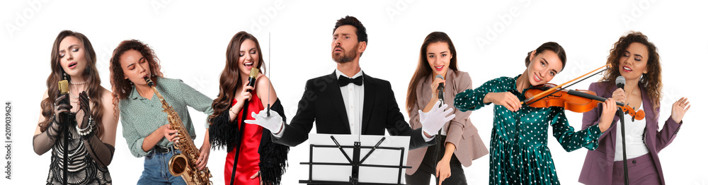 Obraz premium Musicians. Portraits of different people on white background, set