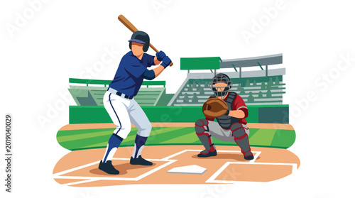 Fotografie Flat vector illustration of a baseball batter preparing to swing while a catcher