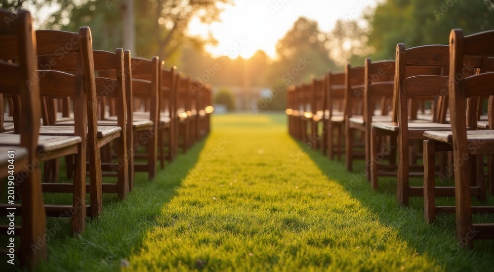 Fototapeta premium Rows of wooden chairs lined up on a grassy lawn