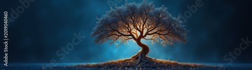 Tree with a blue sky background and a light shining down genealogy tree concept