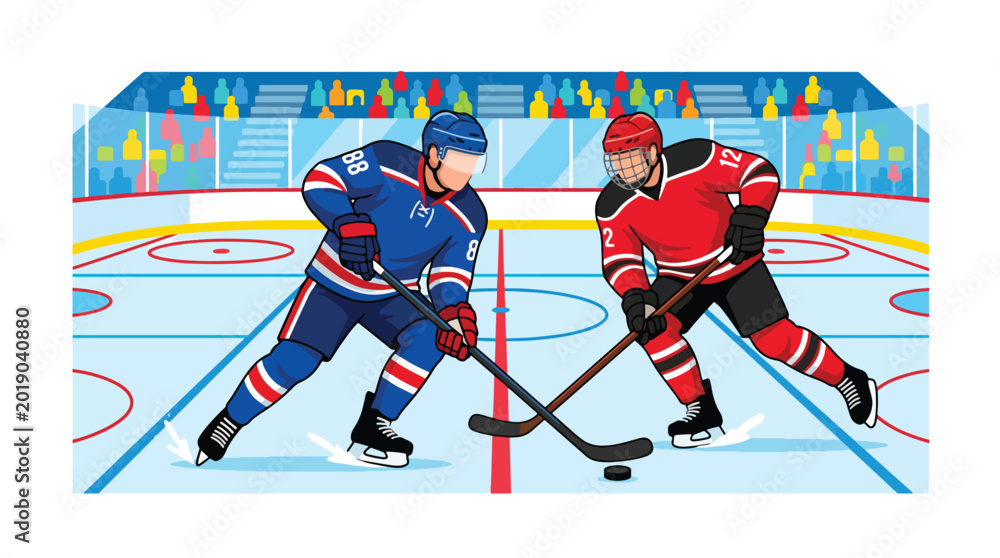 Fototapeta premium Flat vector illustration of two ice hockey players competing for the puck during a fast paced professional hockey game in an indoor arena