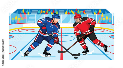 Photography Flat vector illustration of two ice hockey players competing for the puck during